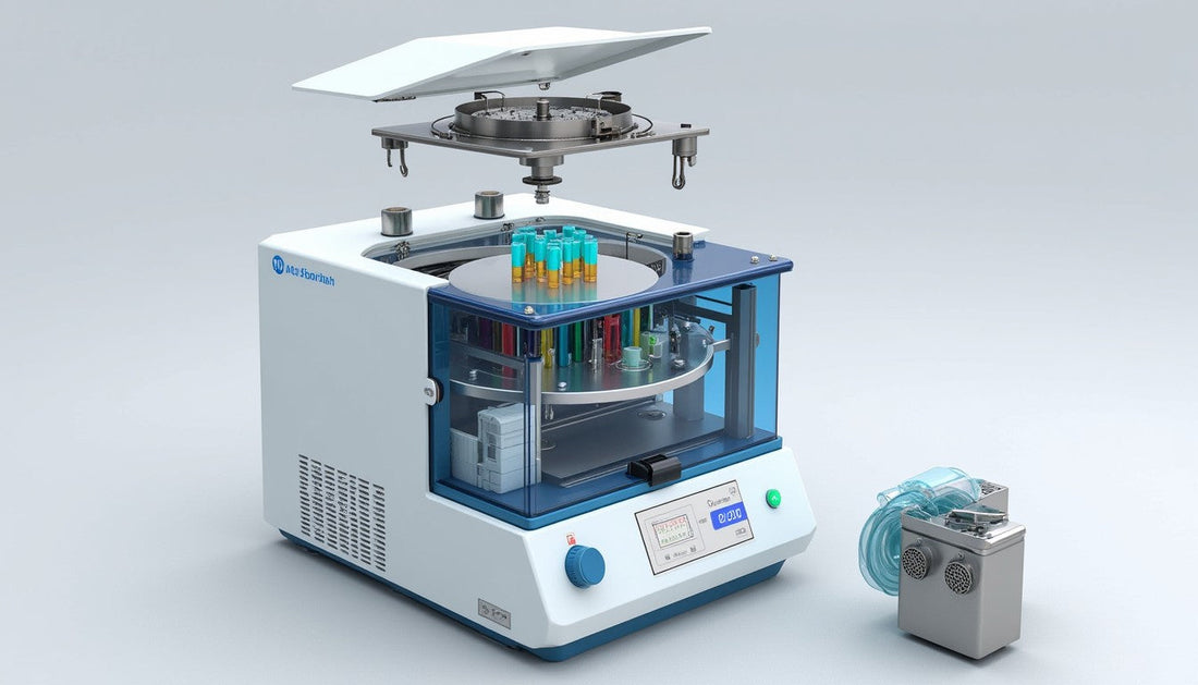Advanced laboratory centrifuge for research and bioprocess applications showing rotor and chamber