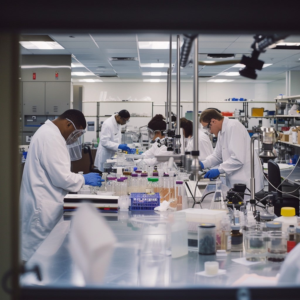 Busy modern laboratory with scientists working at instruments and benches — lab instrument list overview