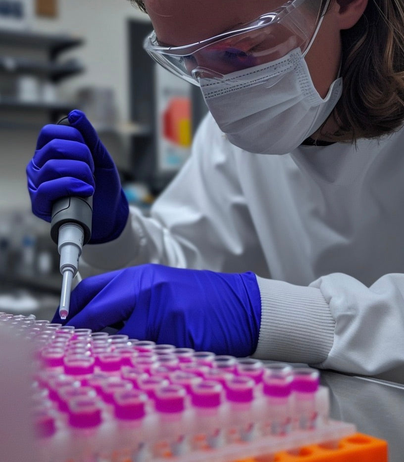 Technician repairing HPLC system in biotech laboratory during routine maintenance