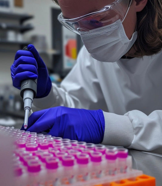 Technician repairing HPLC system in biotech laboratory during routine maintenance