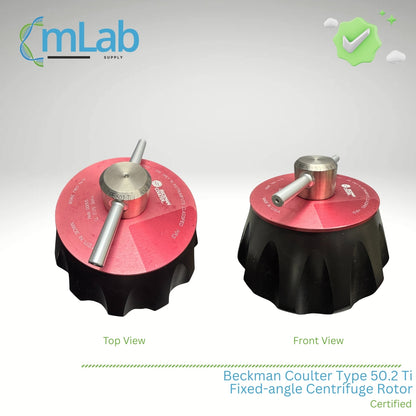 Two centrifuge rotors with top and front views, featuring mLab Supply branding.