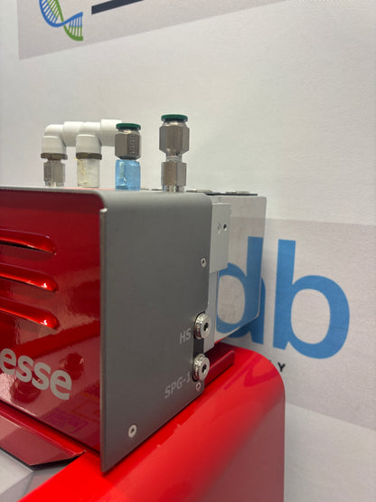 Red mechanical device with a metallic component on a white background with 'db' branding.