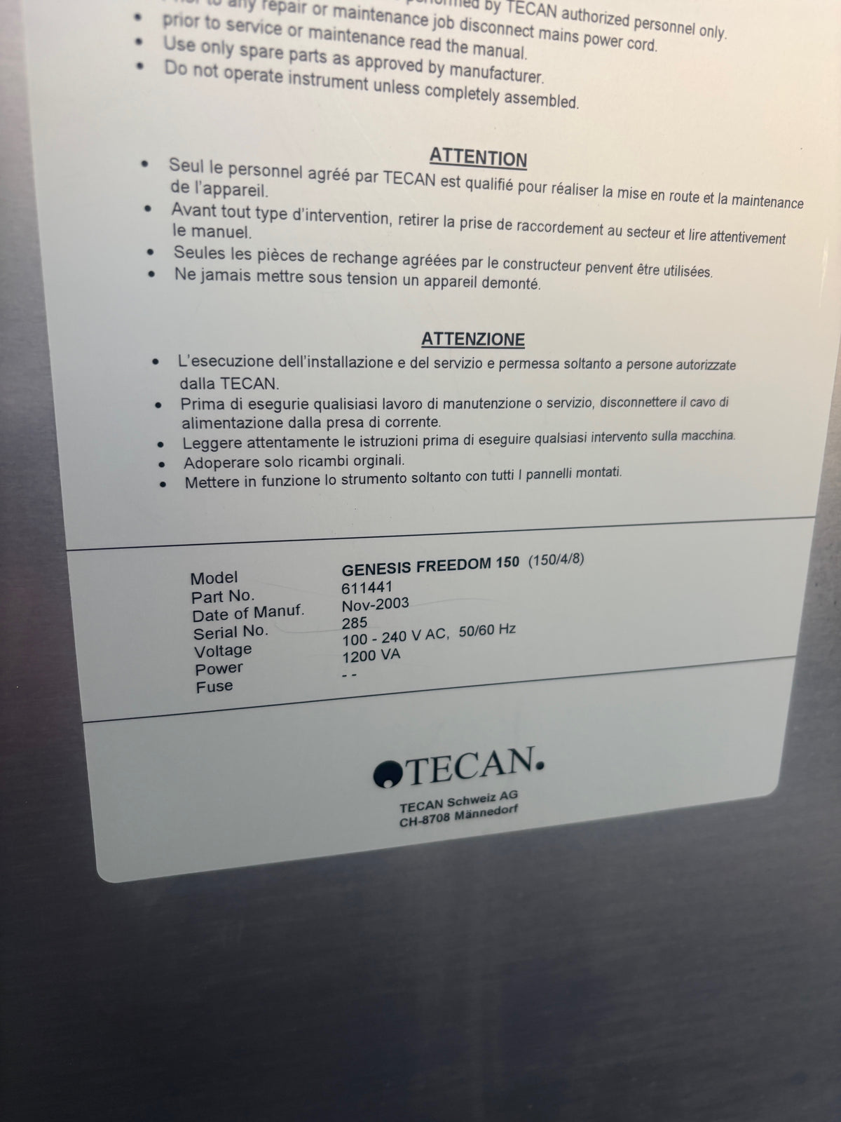 Tecan GENESIS FREEDOM 150 Liquid Handling Workstation 150/4/8
