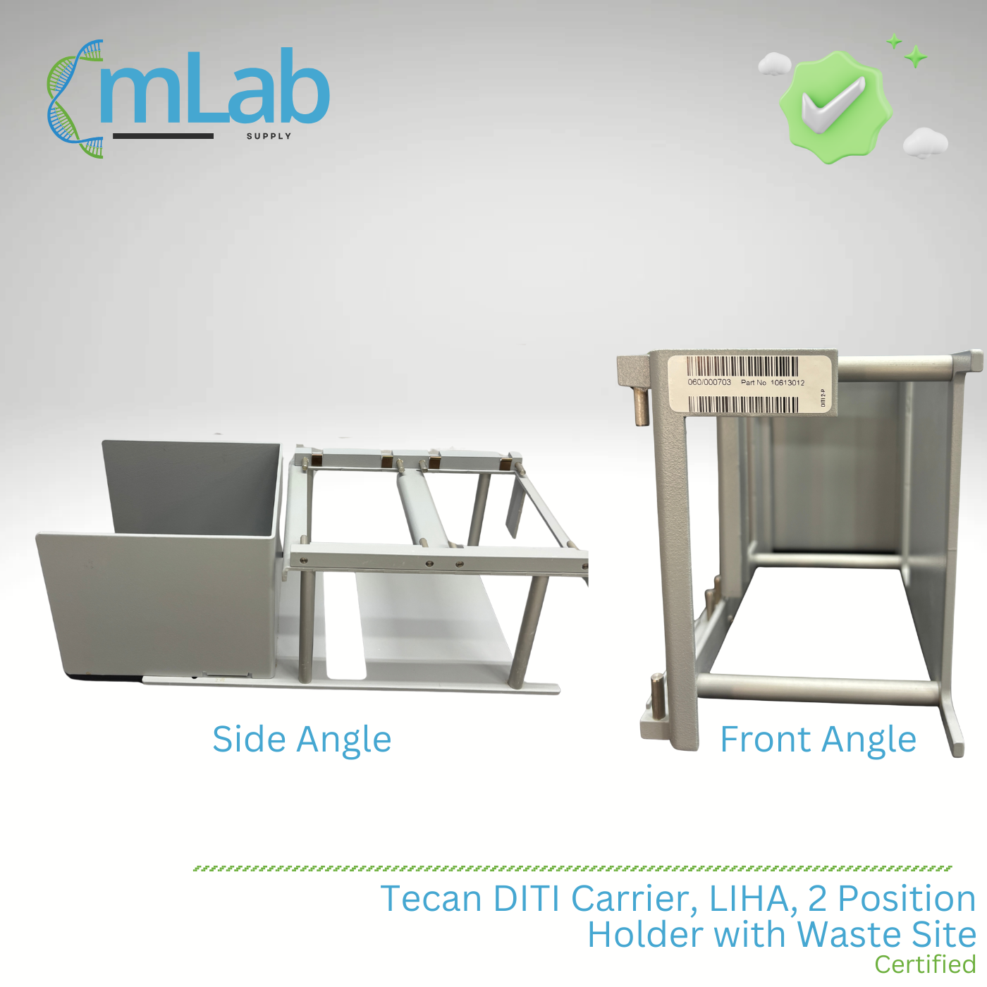 Tecan DI TI Carrier, LIHA, 2 Position Holder with Waste Site from mLab Supply shown from side and front angles on a white background.