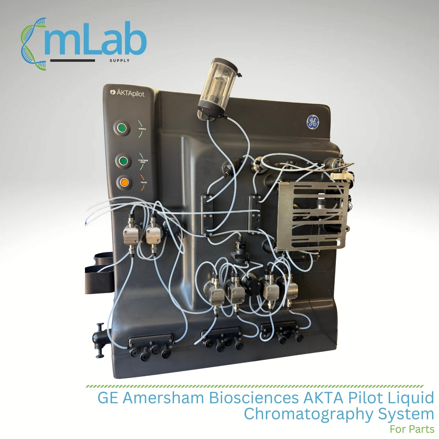 GE Amersham Biosciences AKTA Pilot Liquid Chromatography System with mLab Supply branding.