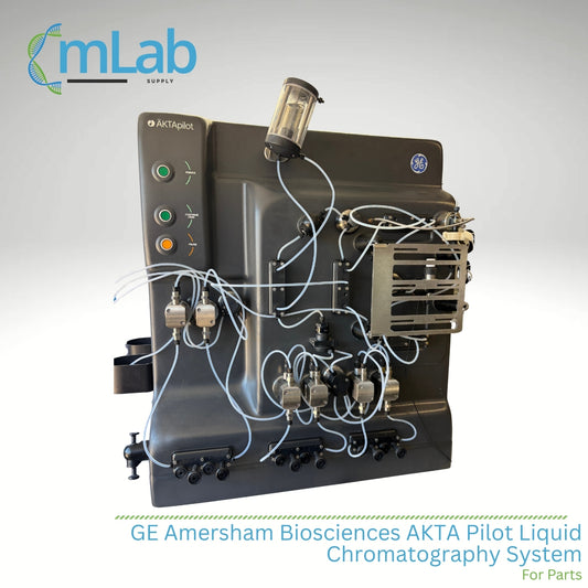 GE Amersham Biosciences AKTA Pilot Liquid Chromatography System with mLab Supply branding.