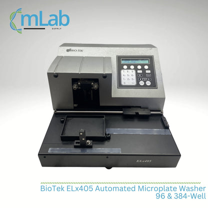 BioTek ELx405 Automated Microplate Washer with mLab Supply branding on a white background