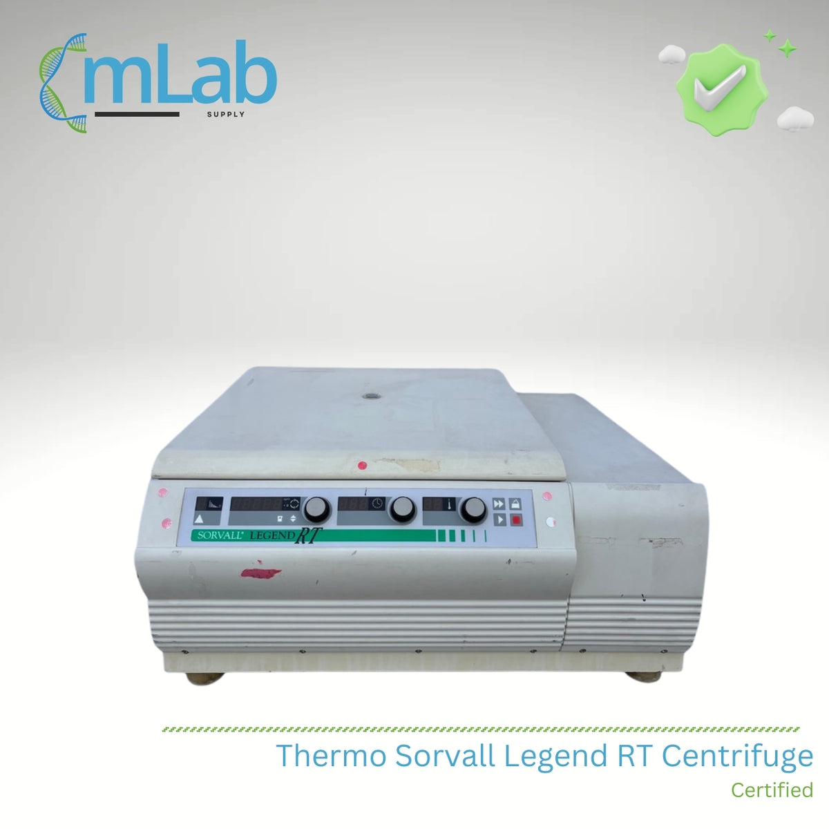 Thermo Sorvall Legend RT Centrifuge with mLab Supply branding on a light gray background