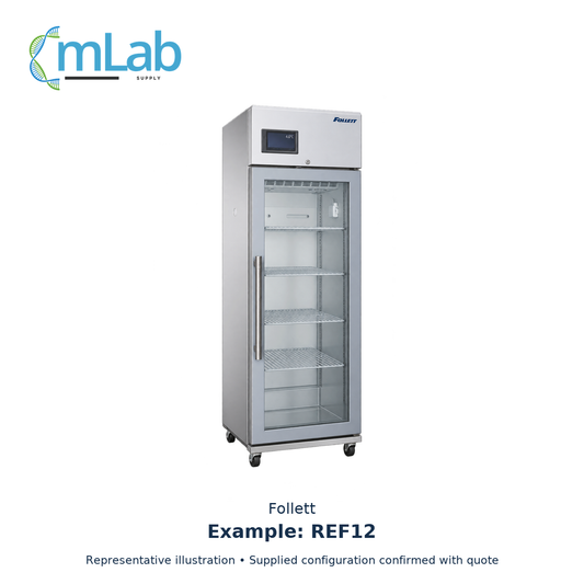 Representative illustration: Follett REF12 glass-door example refrigerator. Supplied model, configuration and availability confirmed with quote; not a specific stock unit.