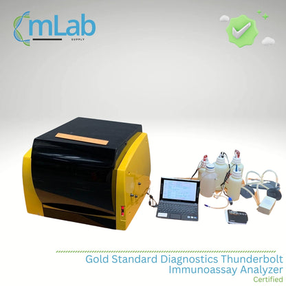 Imunoassay analyzer with laptop and supplies on a gray background, featuring mLab Supply logo.