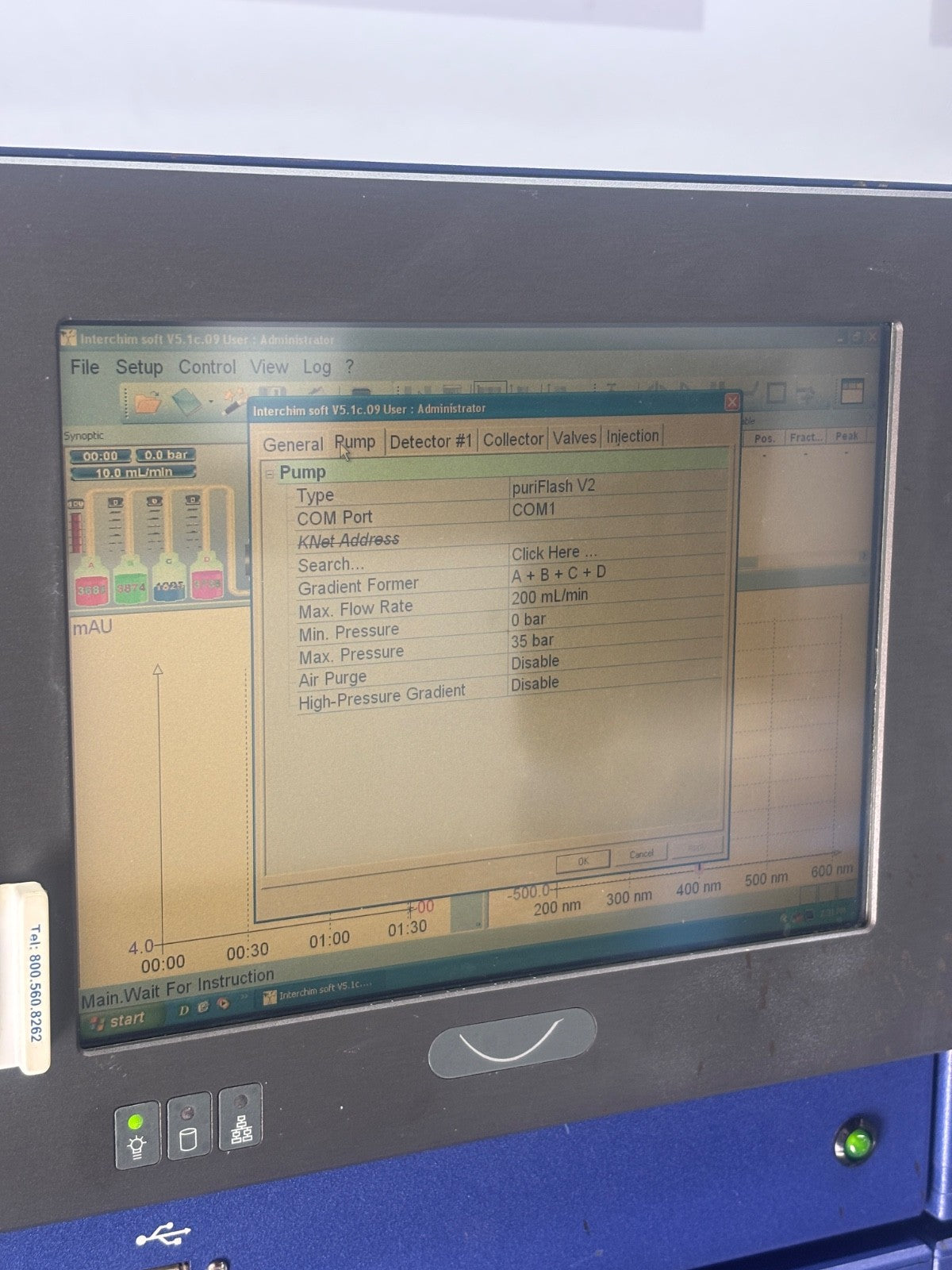 Display screen of a machine with technical data and settings on a blue background