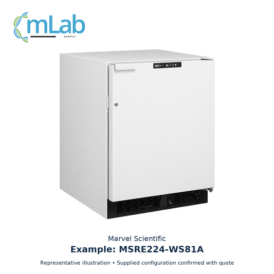 Representative illustration: Marvel Scientific MSRE224-WS81A example refrigerator. Supplied model, configuration and availability confirmed with quote; not a specific stock unit.