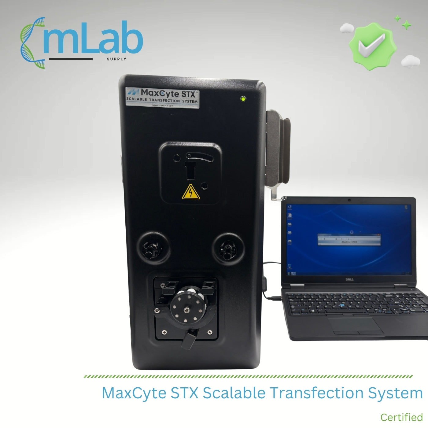 MaxCyte STX Scalable Transfection System with a laptop displaying software on a gray background, featuring mLab supply branding.