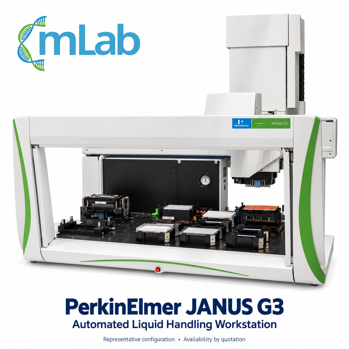 Representative PerkinElmer JANUS G3 automated liquid handling workstation with mLab branding; configuration and availability by quotation.