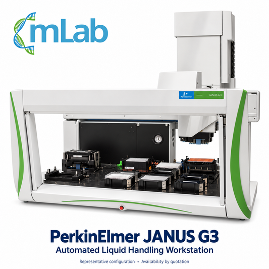 Representative PerkinElmer JANUS G3 automated liquid handling workstation with mLab branding; configuration and availability by quotation.