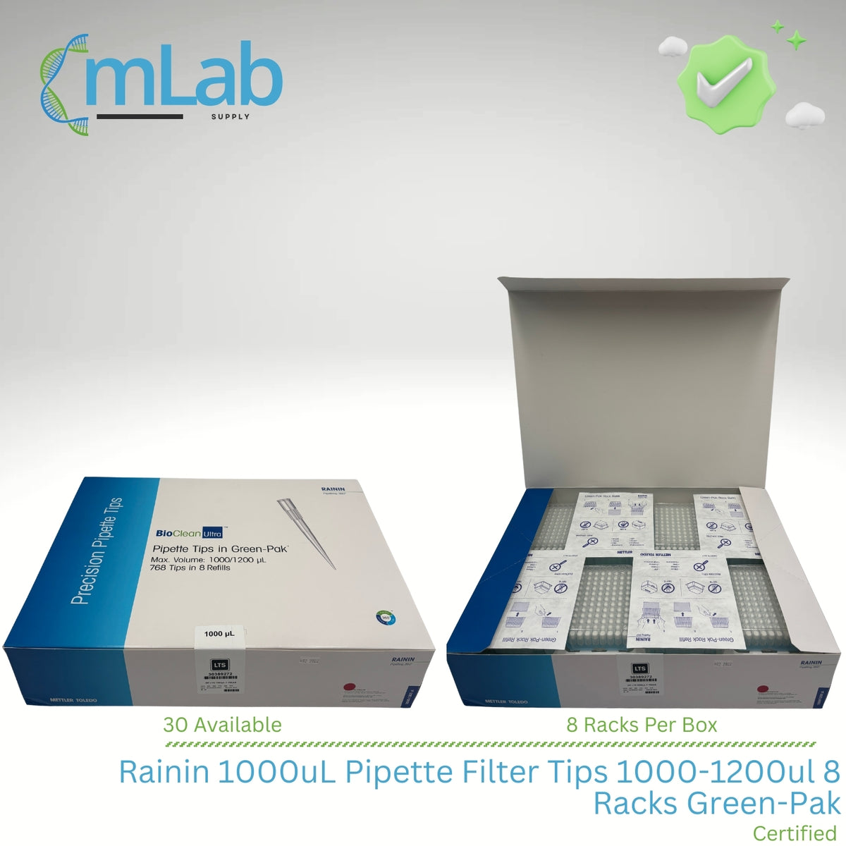 mLab supply pipette filter tips packaging with open box showing contents on a white background