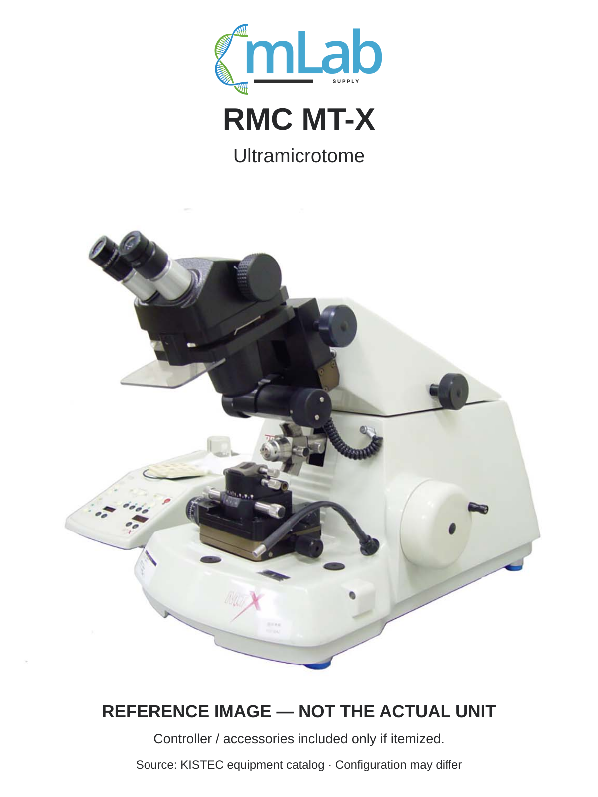 Reference image of an RMC MT-X ultramicrotome, not the actual owned unit. Configuration may differ; controllers and accessories included only if itemized.