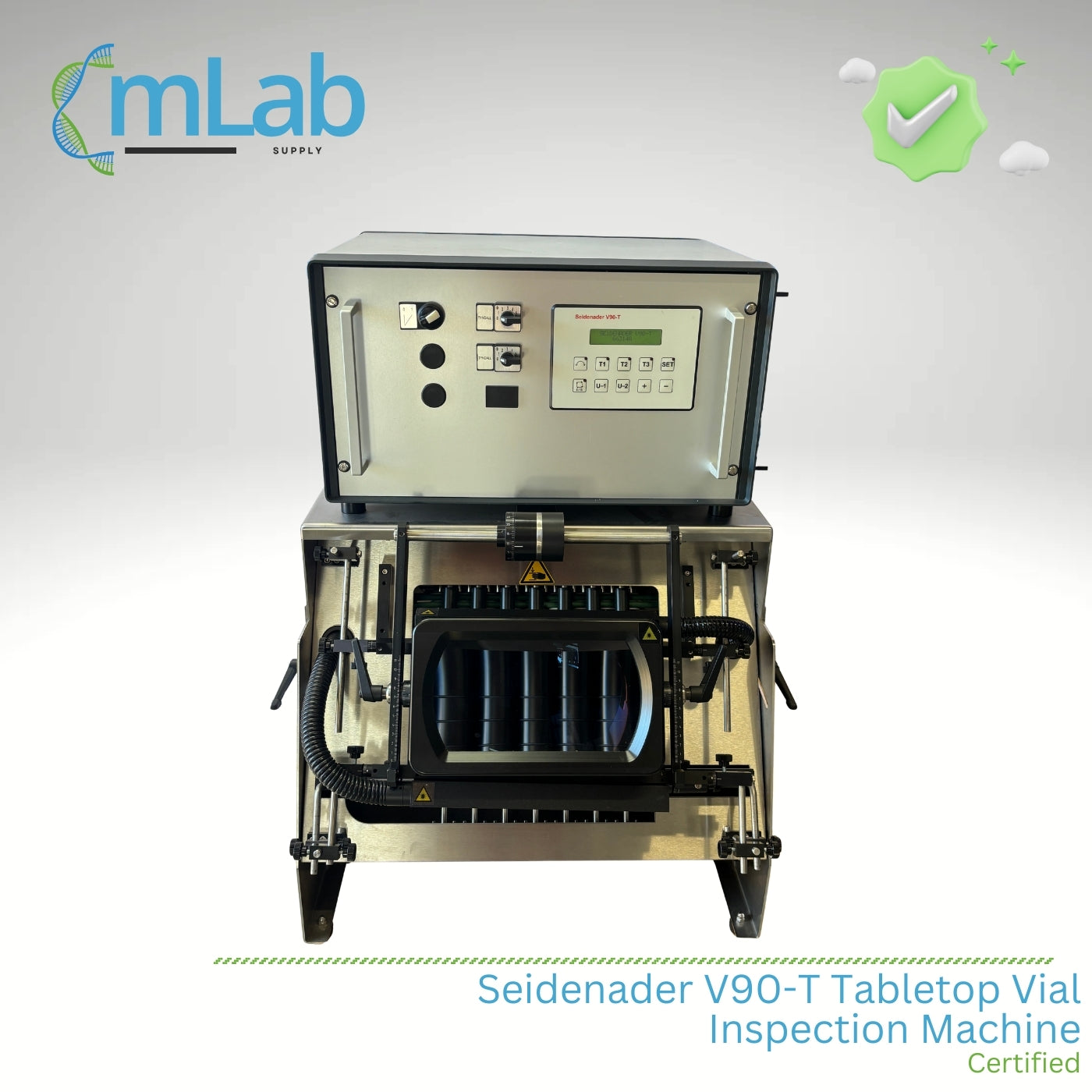 Seidenader V90-T Tabletop Vial Inspection Machine with mLab logo on a white background