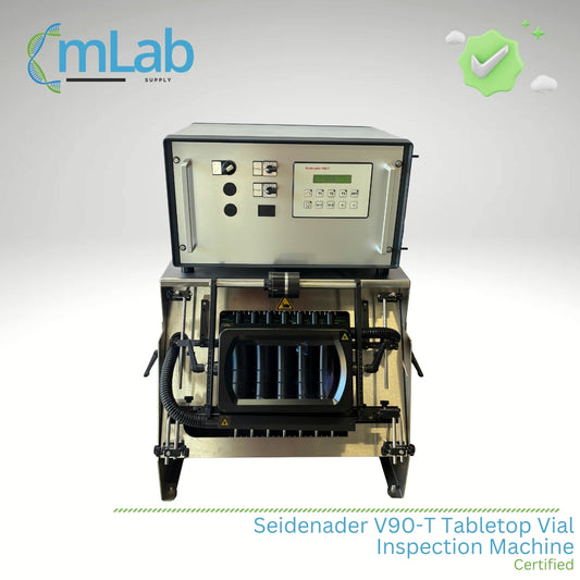Seidenader V90-T Tabletop Vial Inspection Machine with mLab logo on a white background