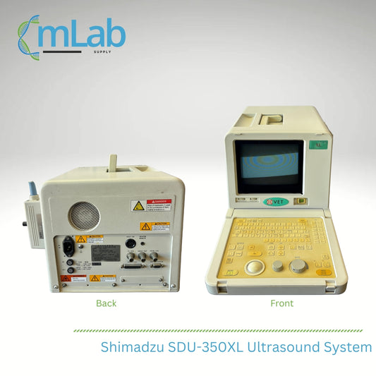 Shimadzu SDU-350XL Ultrasound System showing front and back views with mLab Supply branding.