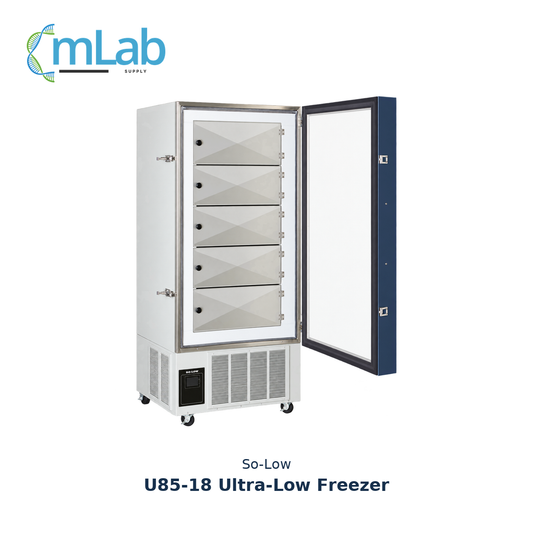 Representative illustration of So-Low U85-18 ultra-low freezer; configuration and included components require confirmation.